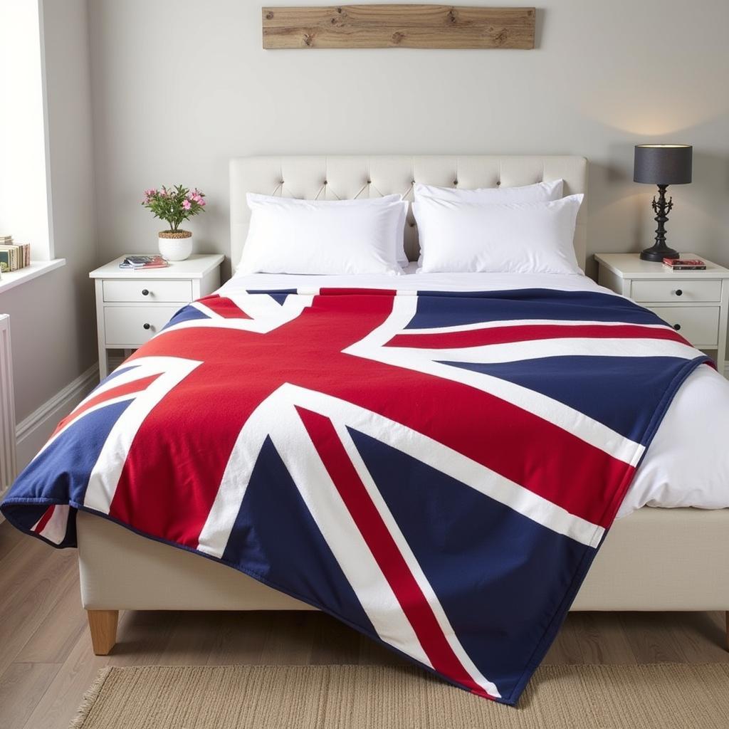 Union Jack blanket draped over a bed