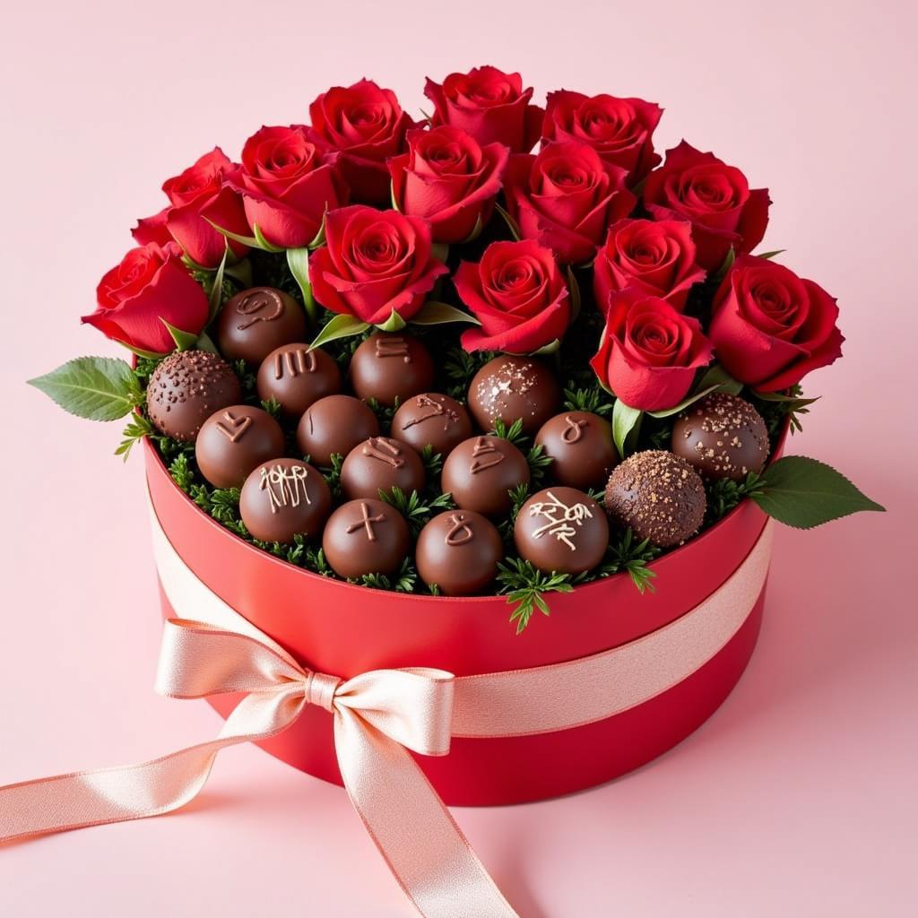 Hộp quà Valentine với chocolate và hoa hồng