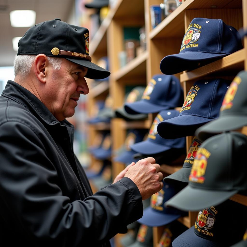 A veteran carefully selecting a Persian Gulf War veteran hat