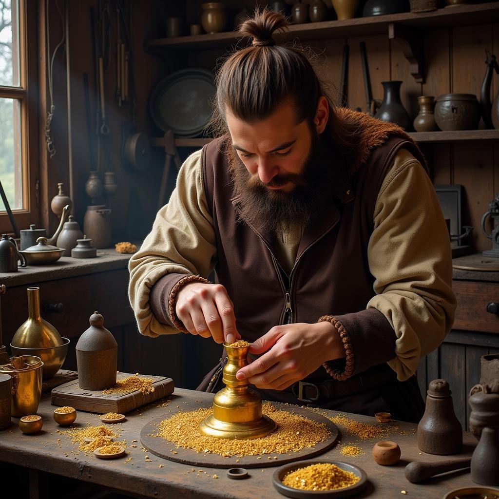 A Viking craftsman meticulously creating gold jewelry