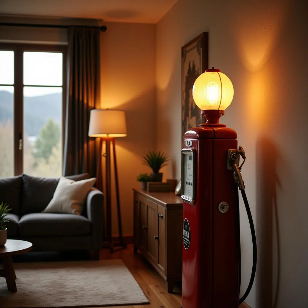 Vintage gas station light in a modern home