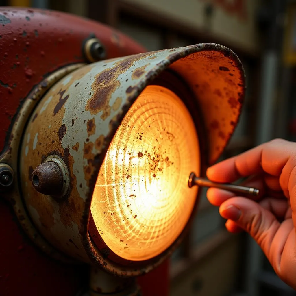 Inspecting a vintage gas station light for damage