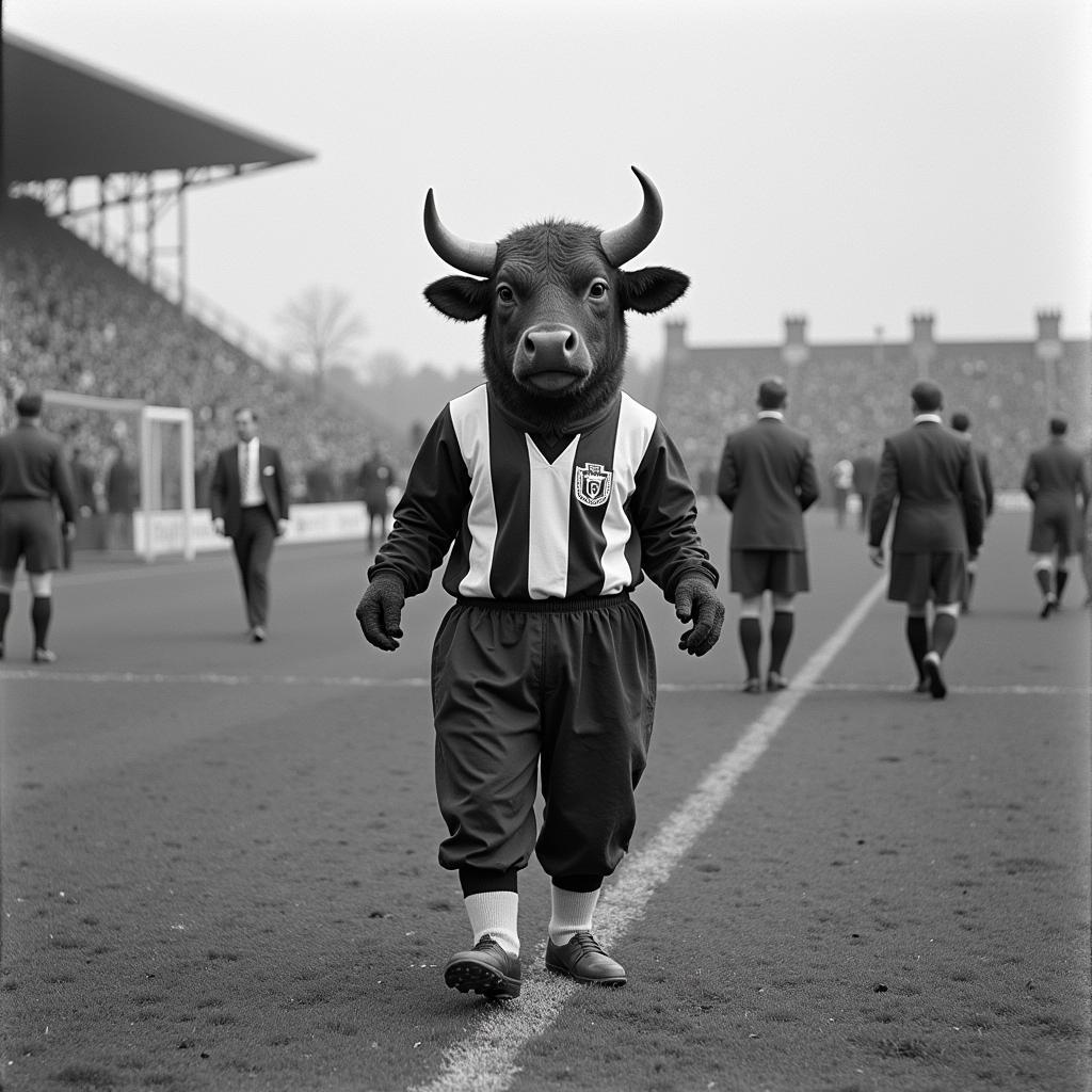 A vintage black and white photo showcasing a bull mascot parading on the sidelines of a West Bromwich Albion game.