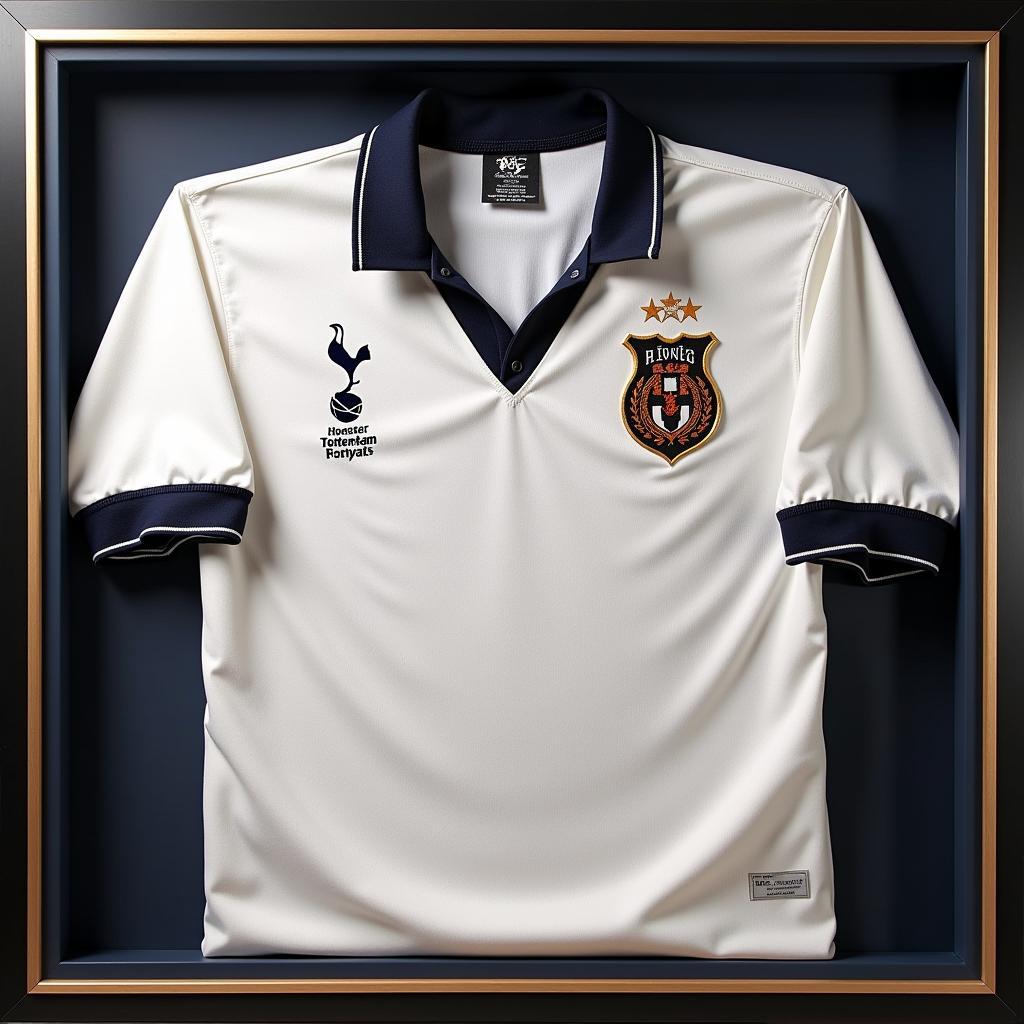 A vintage Tottenham Hotspur 1999 championship shirt displayed in a collector's frame.