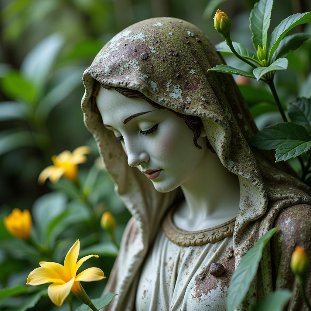 Virgin Mary face statue in a serene garden setting