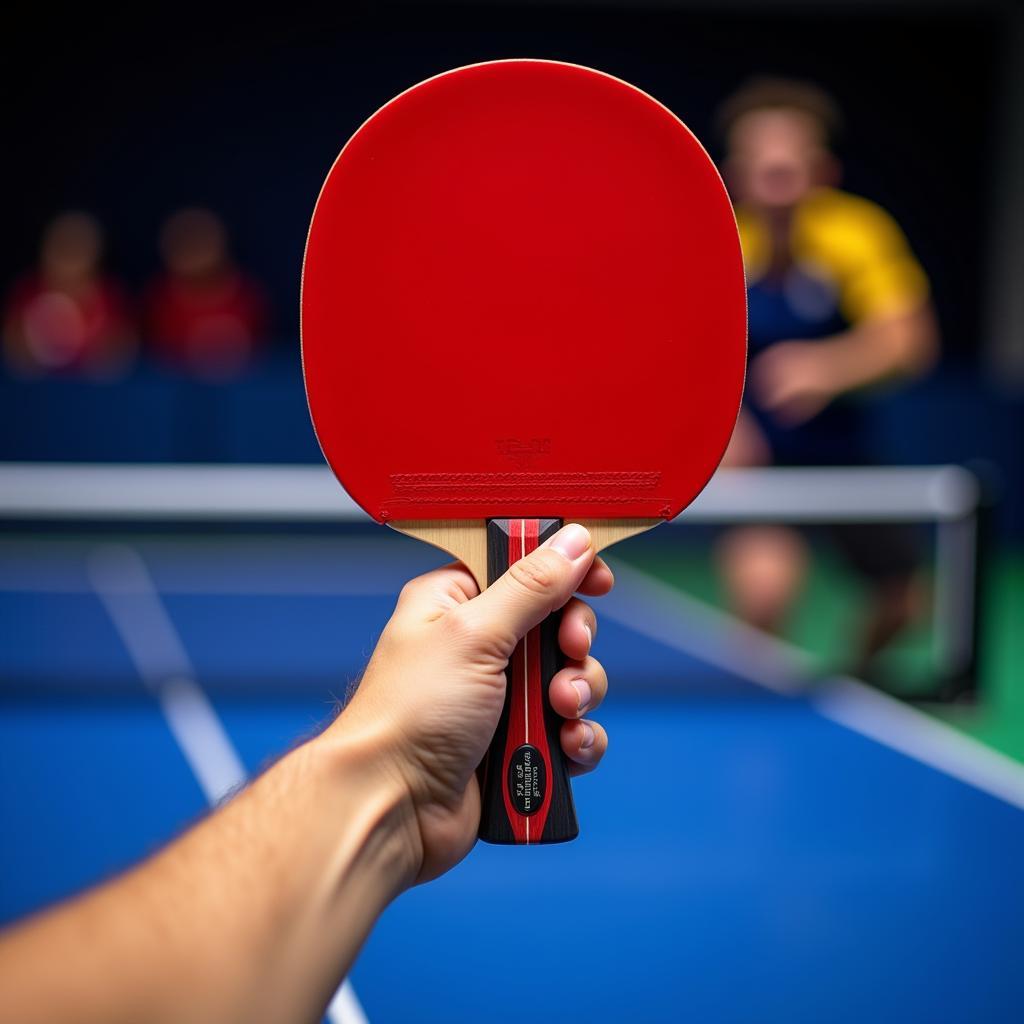 Table tennis player triumphantly raises their custom paddle