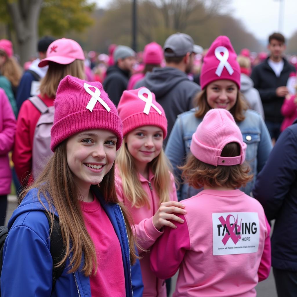 People wearing cancer awareness hats at an event