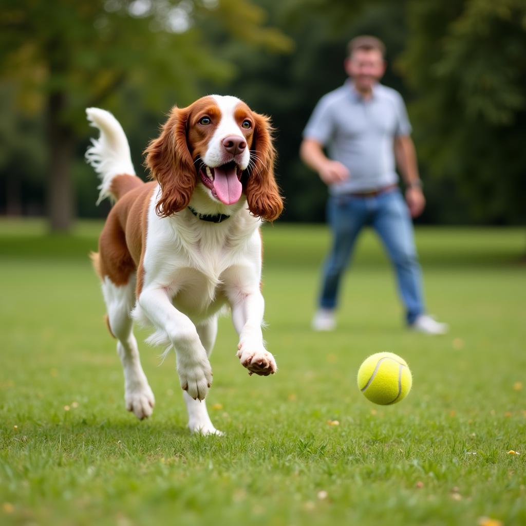 Welsh Springer Spaniel playing fetch with its owner