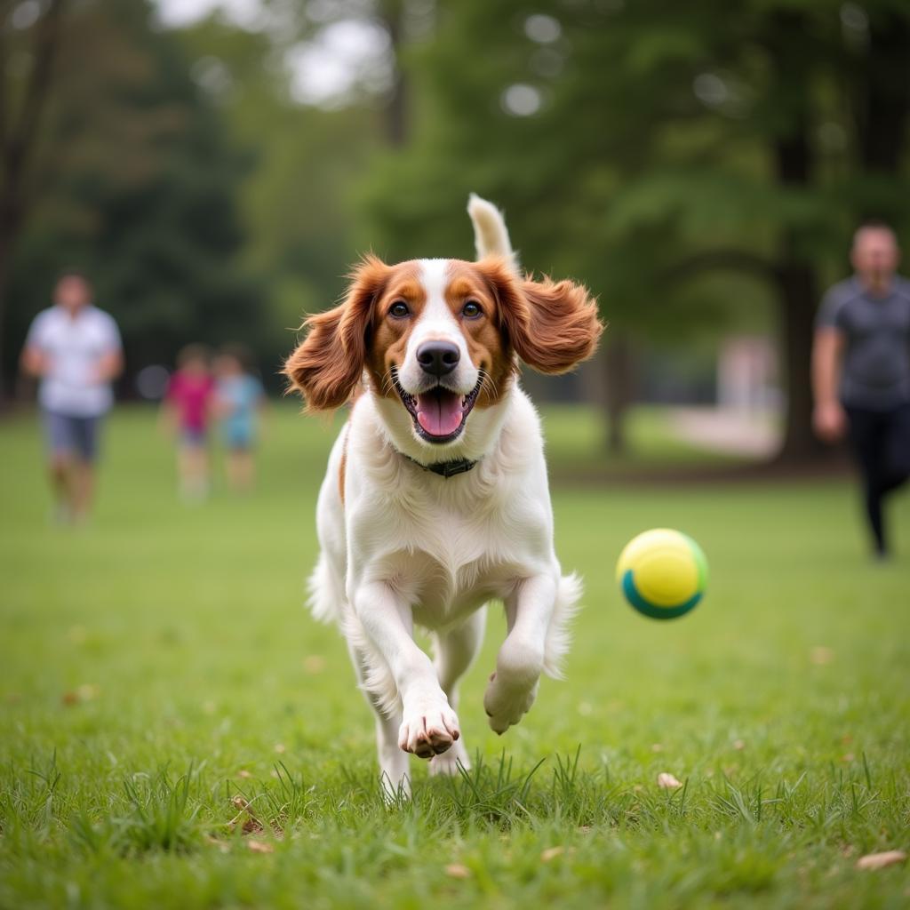 Welsh Springer Spaniel playing fetch in a park