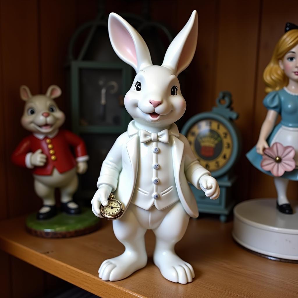 White rabbit statue holding a pocket watch