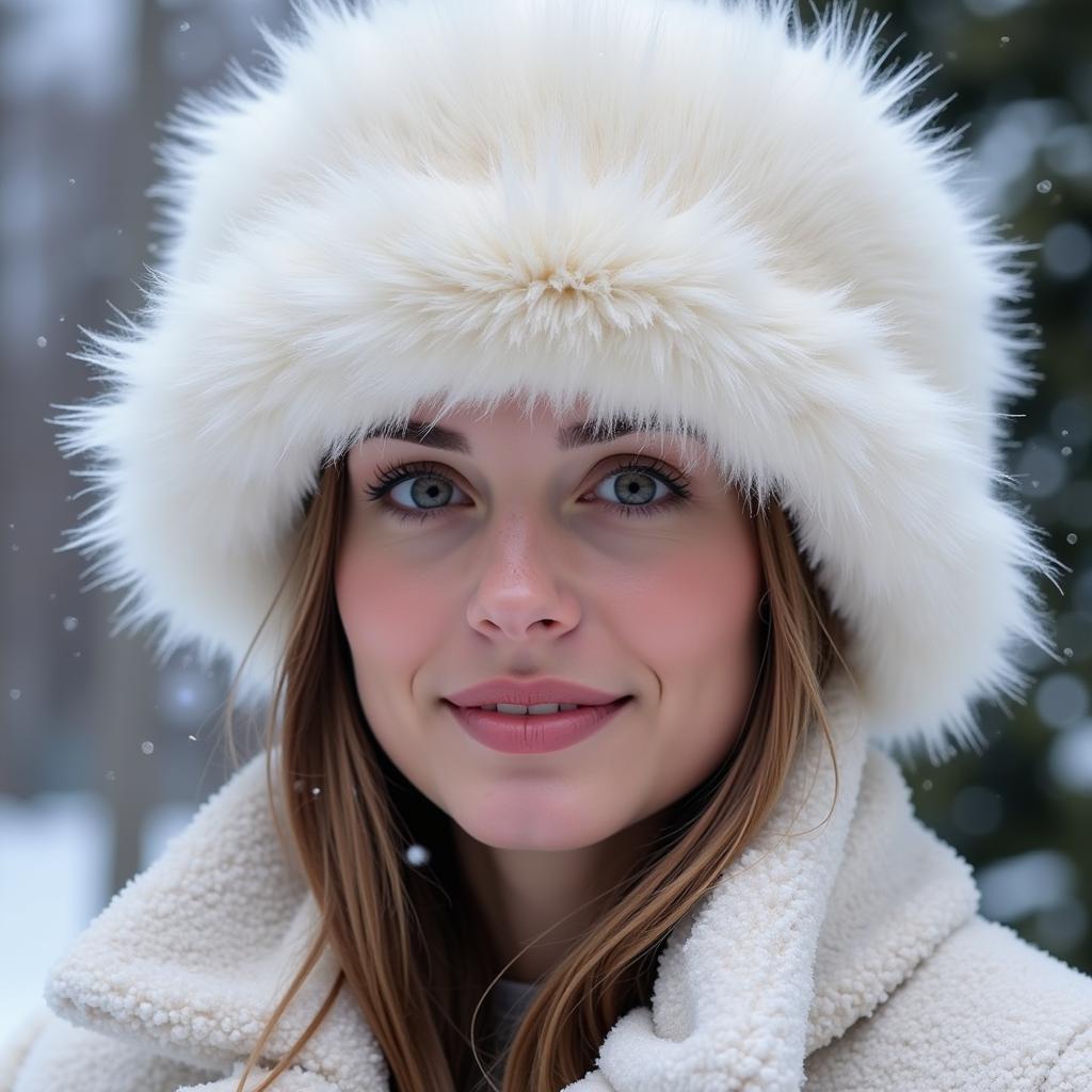 A woman wearing a white Russian fur hat walks through a snowy Moscow street