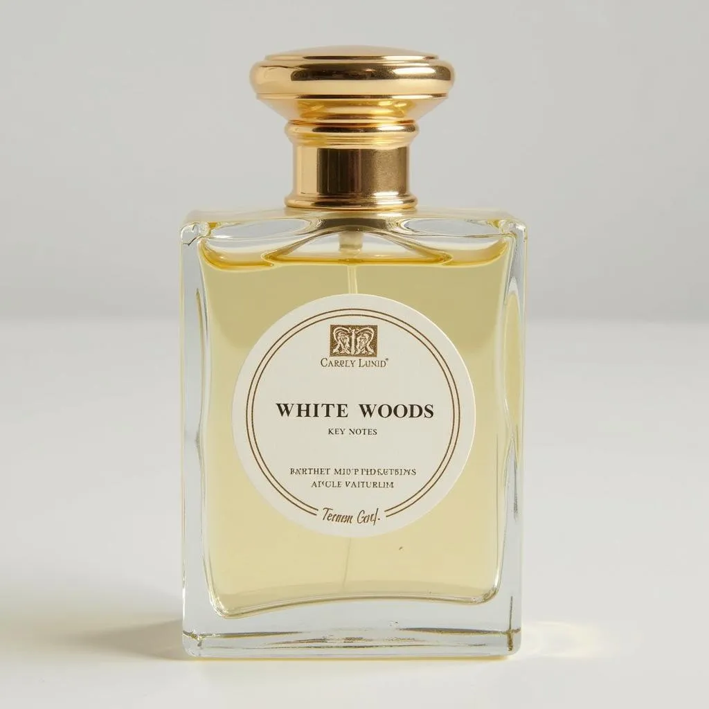 A bottle of White Woods fragrance, capturing the essence of tranquility