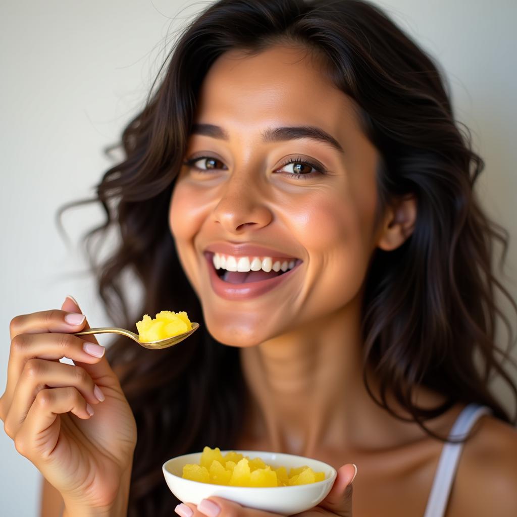 Woman Enjoying Soursop Sea Moss Gel for Energy 