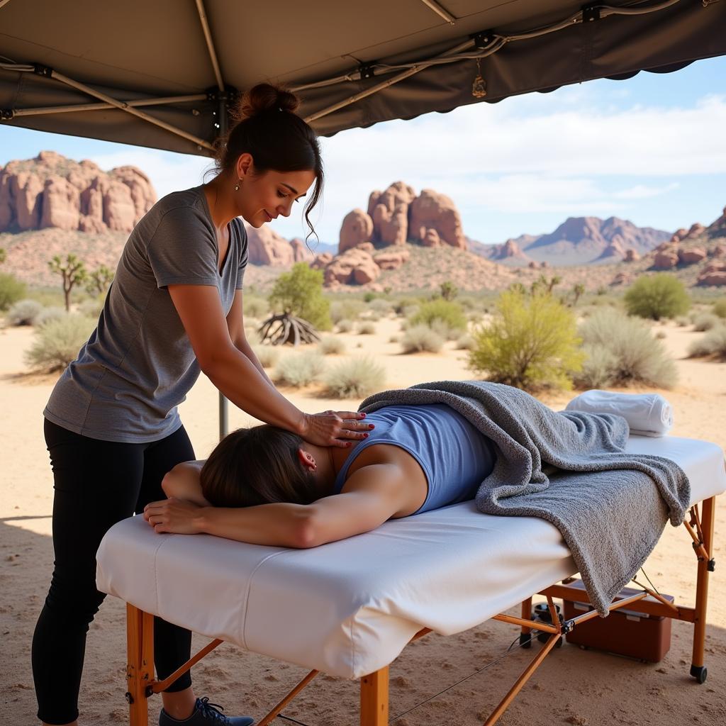 Người phụ nữ đang thư giãn với dịch vụ massage lưu động tại khu cắm trại ở Joshua Tree