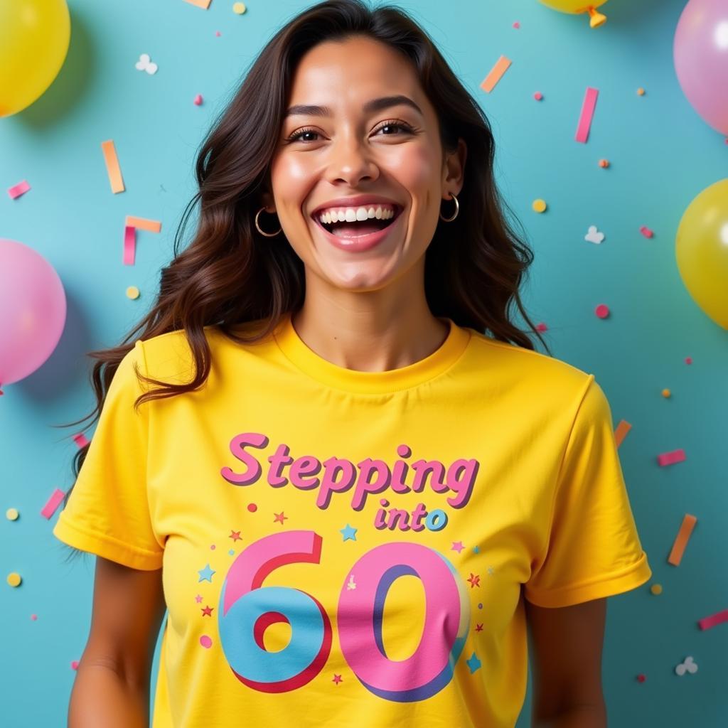 Woman Smiling Confidently in "Stepping into 60" T-shirt