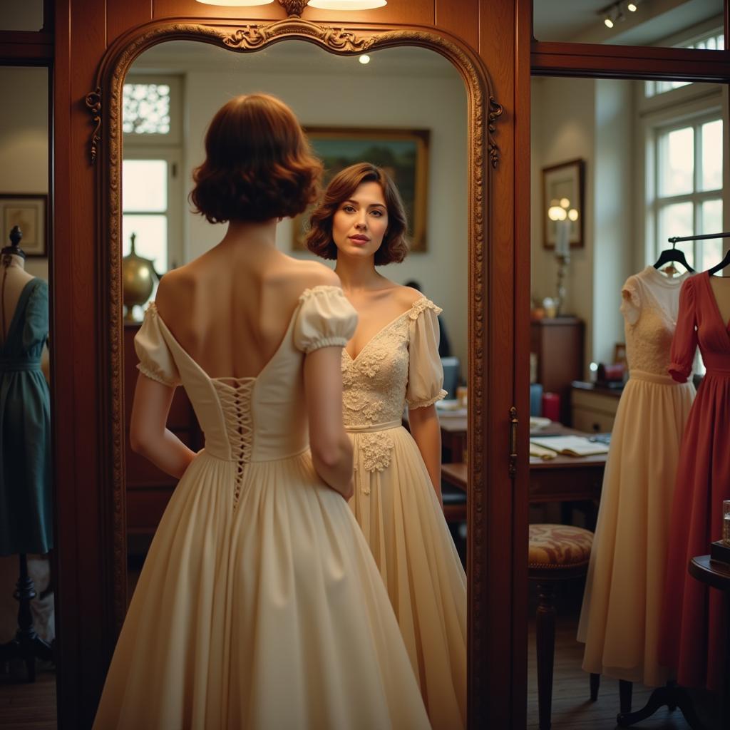 Woman Trying on a Vintage Gown in a Boutique