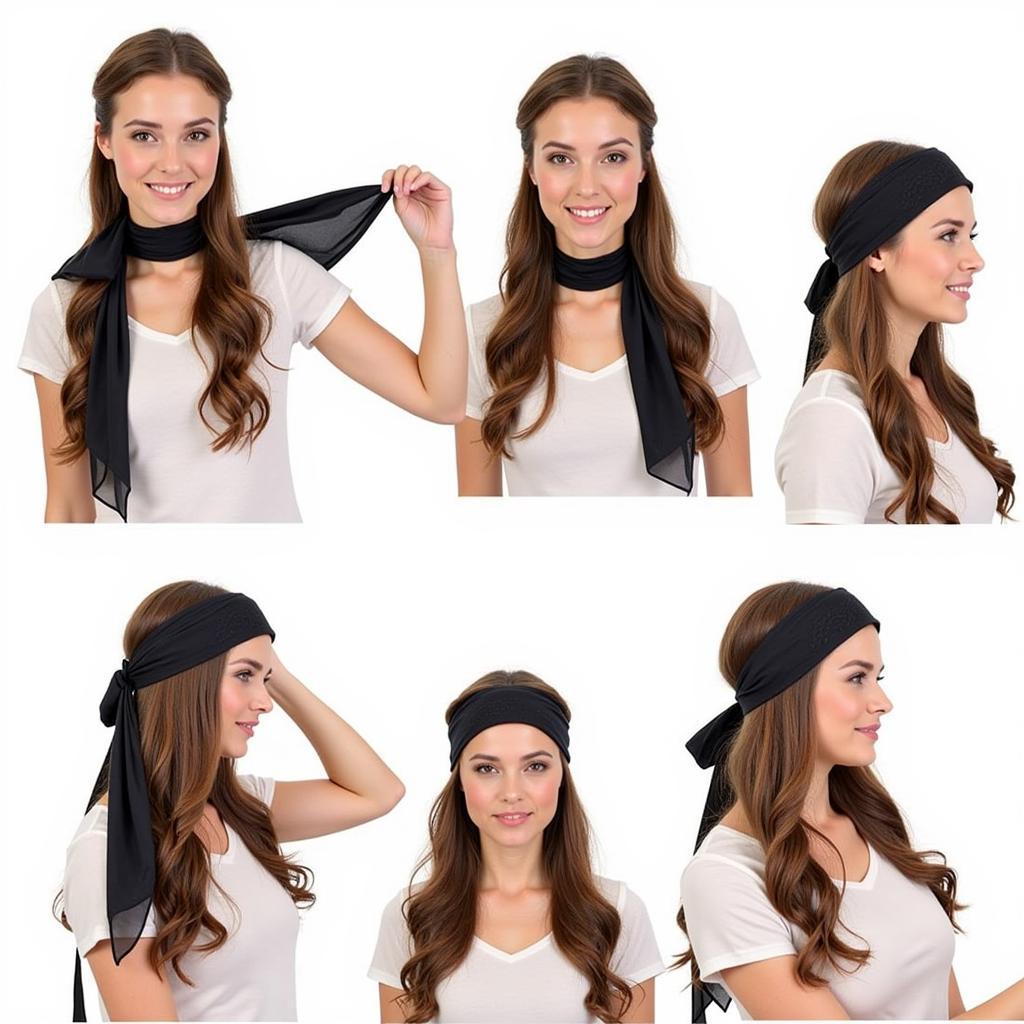 A woman with long hair demonstrating how to tie a motorcycle head wrap.