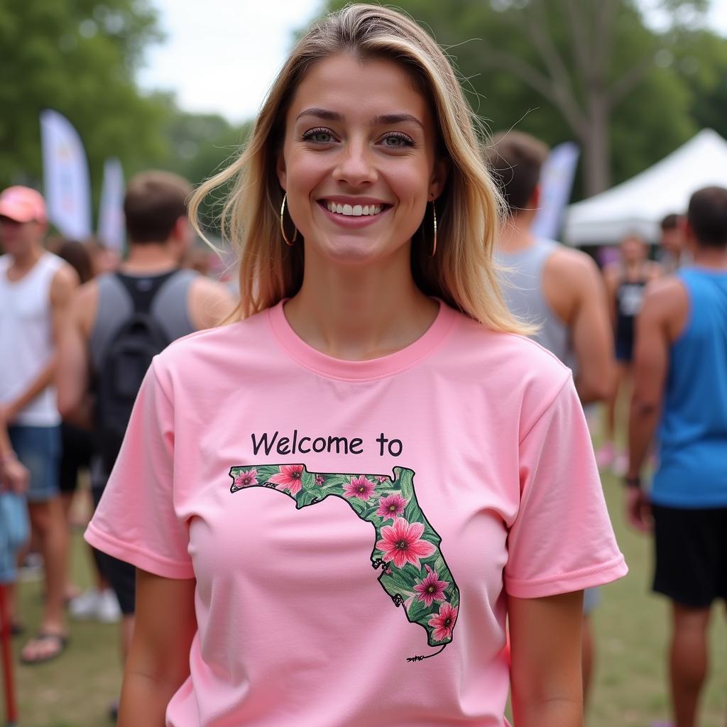 Woman Wearing a Pink Florida Gun Shirt at an Outdoor Event