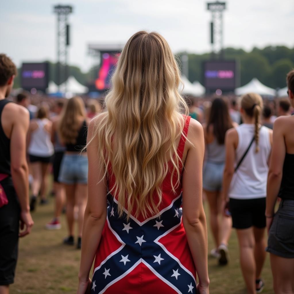 Woman wearing a rebel flag dress at an outdoor concert