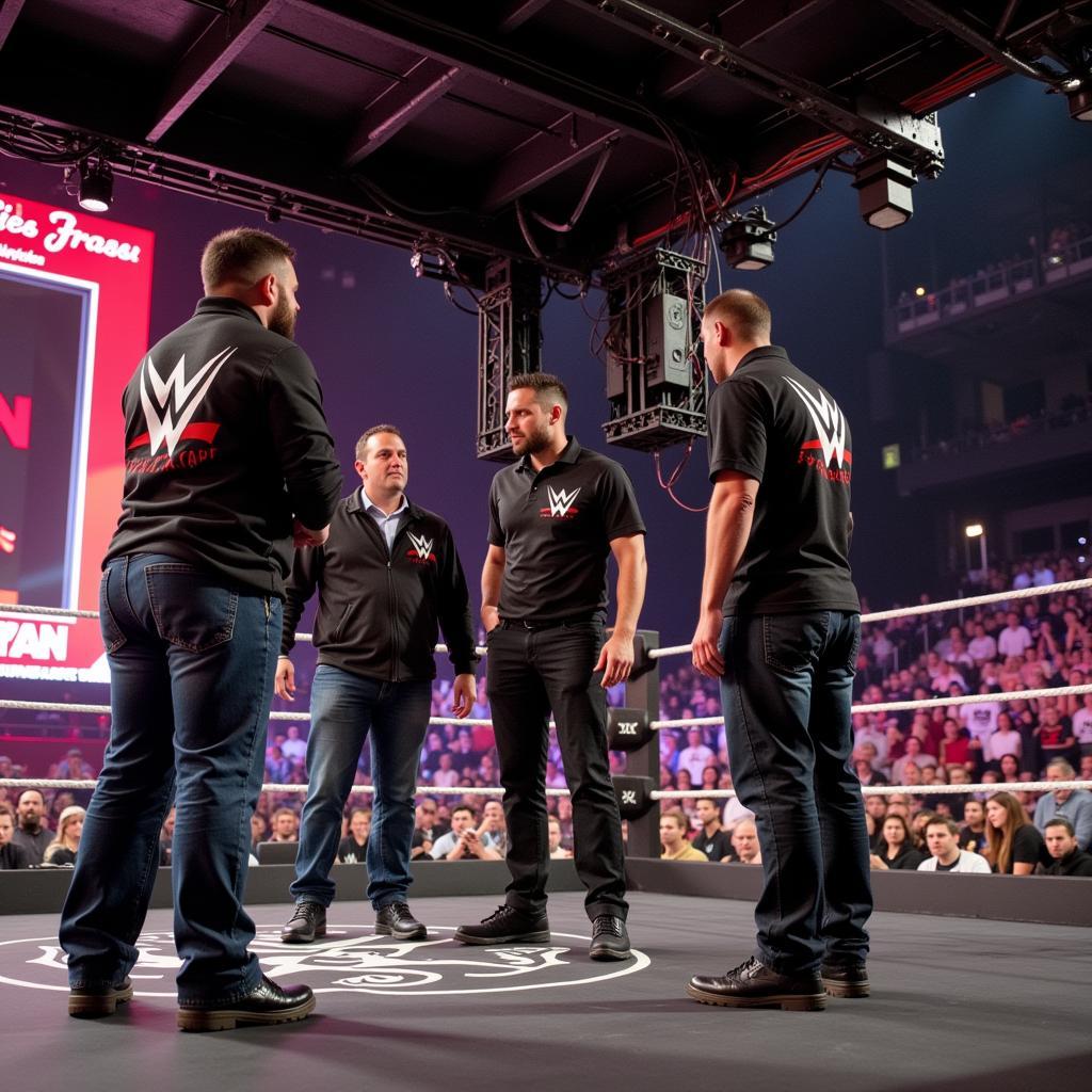 WWE crew inspects a ring before an explosion stunt