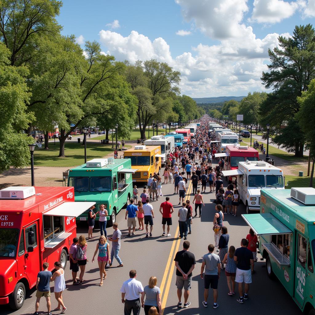 Food trucks gathered at a park in Highland Park