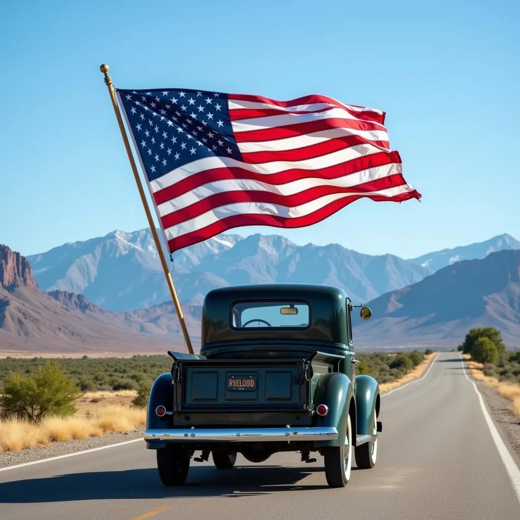 American flag waving from a pickup truck