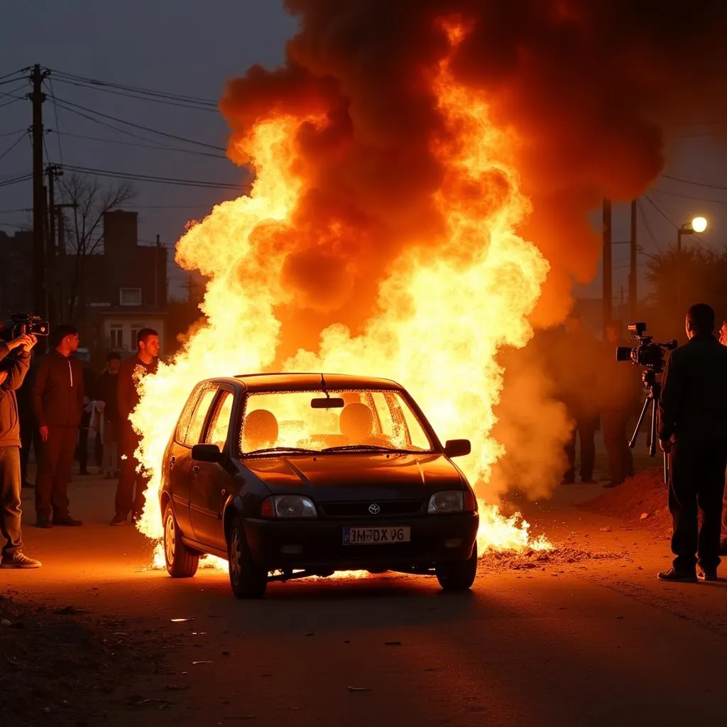 A burning car with reporters in the background