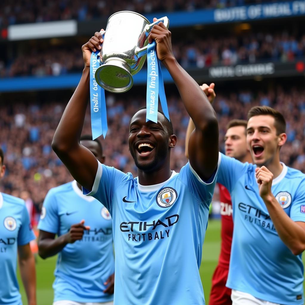 Yaya Toure ăn mừng chức vô địch Premier League cùng Man City