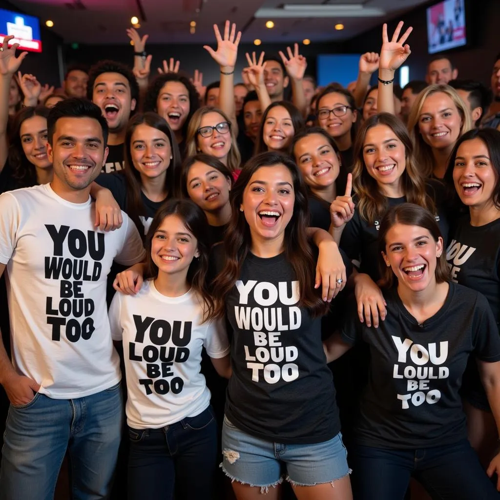 A group of fans wearing &quot;You Would Be Loud Too&quot; t-shirts, celebrating together