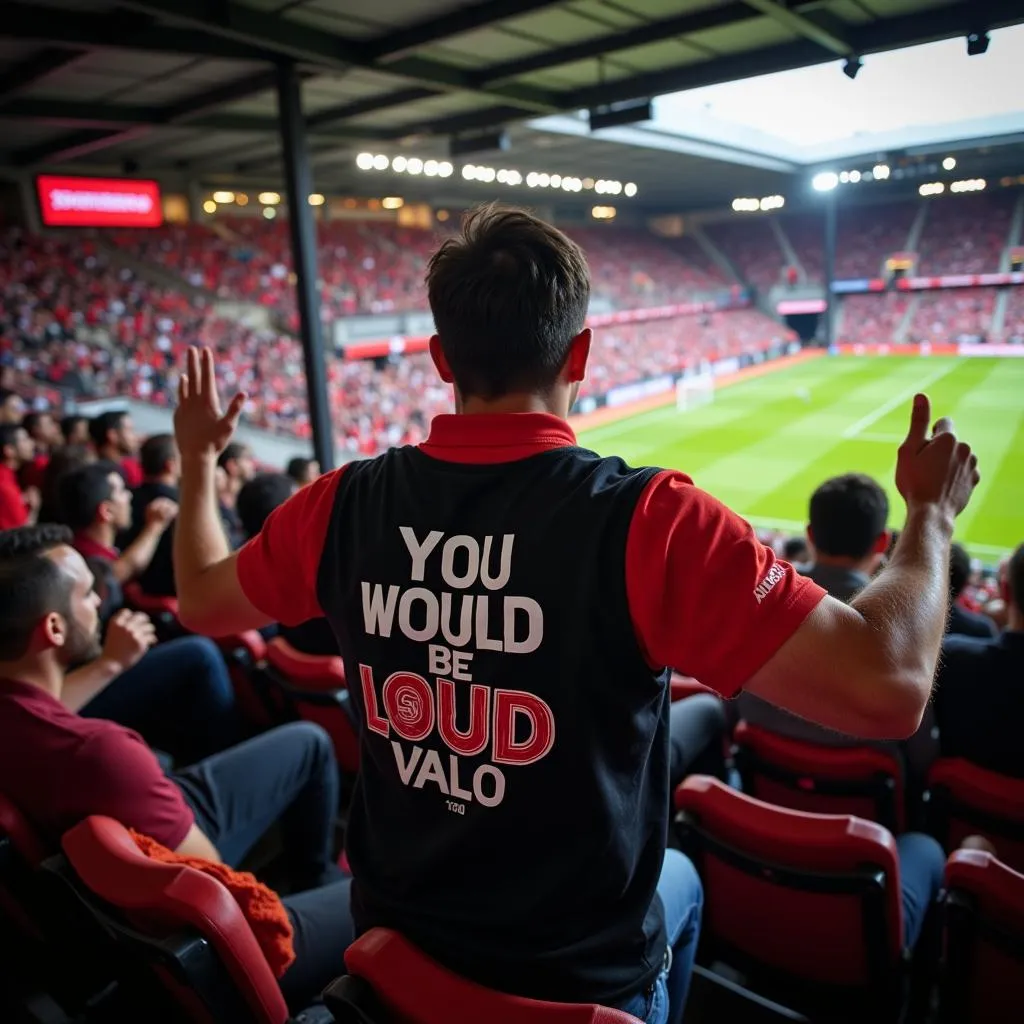 A fan wearing a &quot;You Would Be Loud Too&quot; t-shirt at a football match