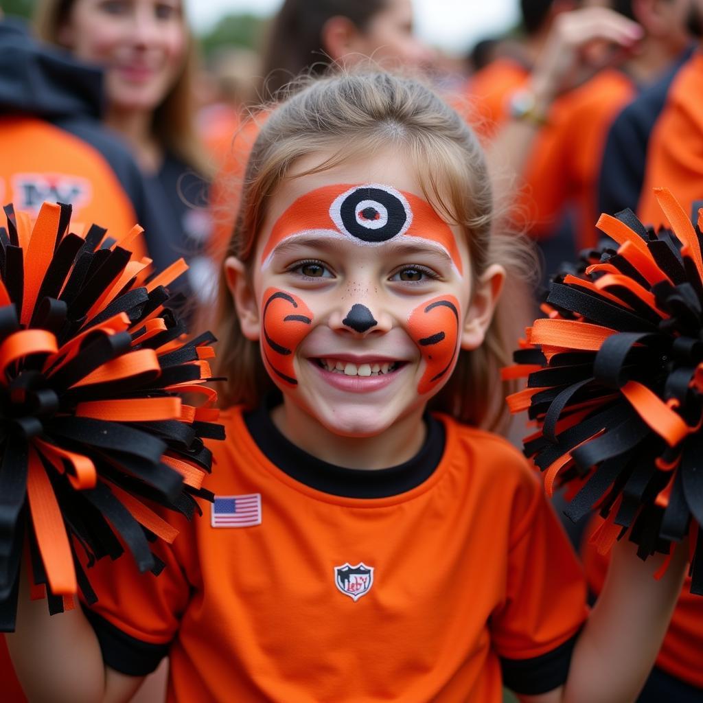 A young fan beaming with pride, holding their orange and black pom poms high