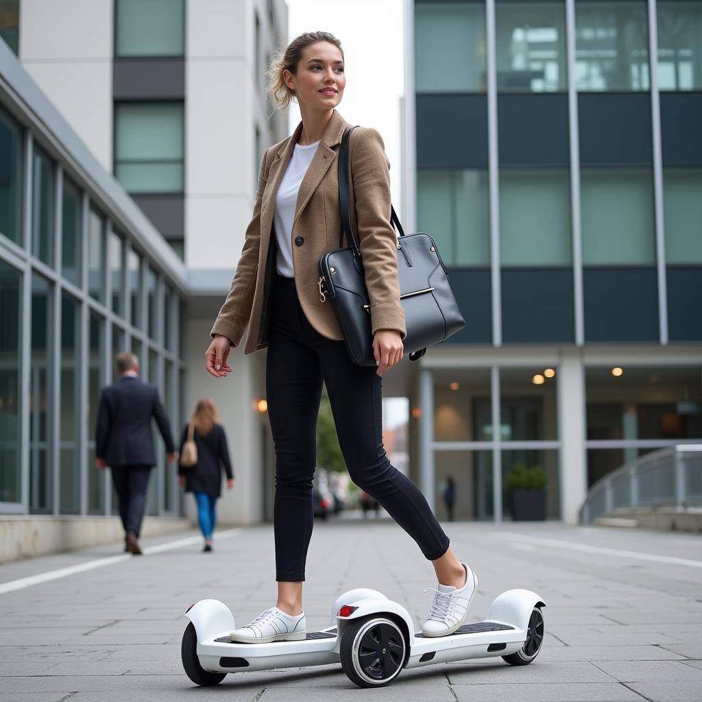 Young woman commuting to work in Dublin using a hoverboard