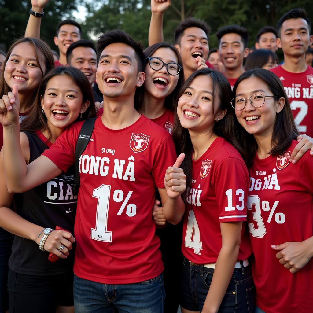 Group of "Đội Bóng Đá" fans celebrating a victory wearing 1 percent clothing.