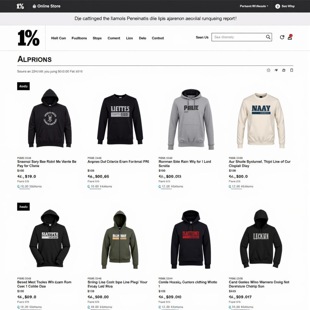 Screenshot of the online store selling 1 percent clothing.