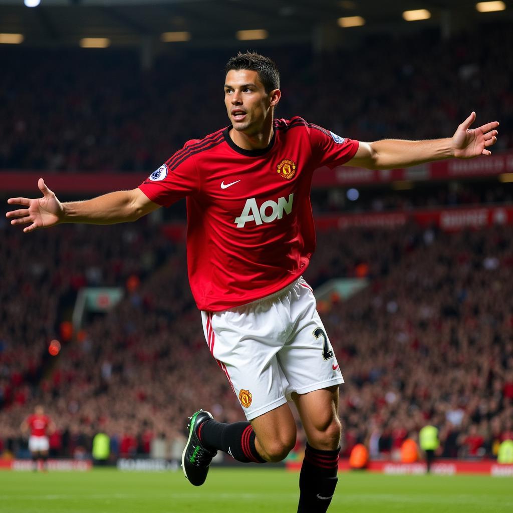 Cristiano Ronaldo wearing the 2008-09 Manchester United jersey celebrating a goal in the Champions League.