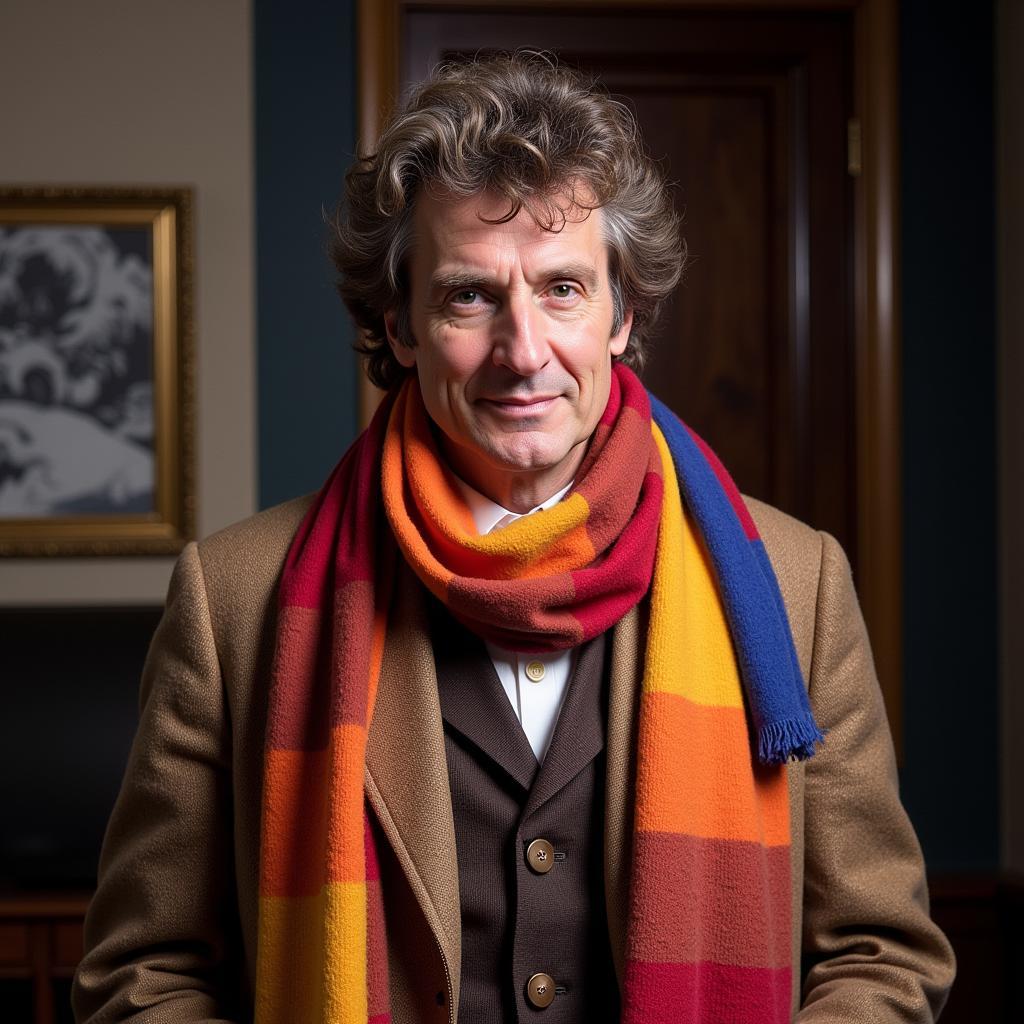 Tom Baker wearing the 4th Doctor's scarf