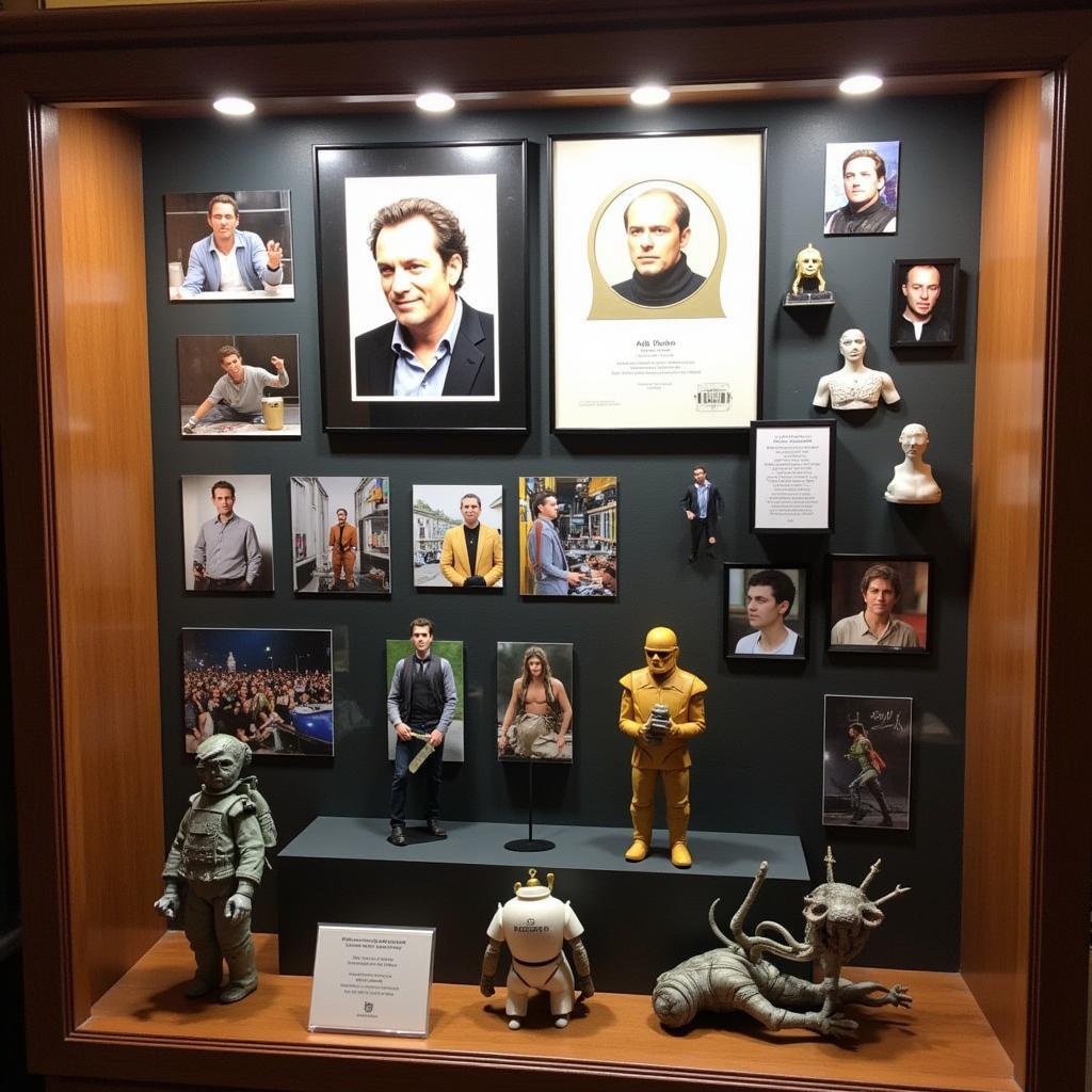 A collection of Andy Serkis memorabilia including signed photos, figurines, and movie props