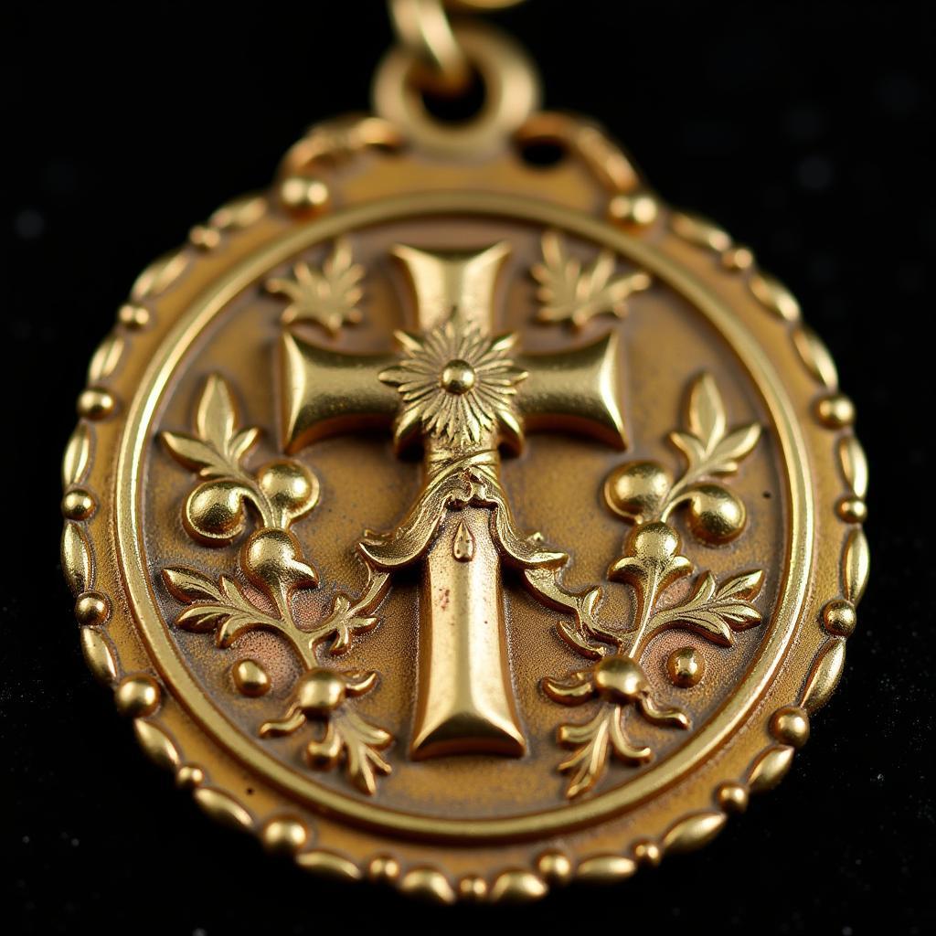 An antique gold religious medal with intricate details