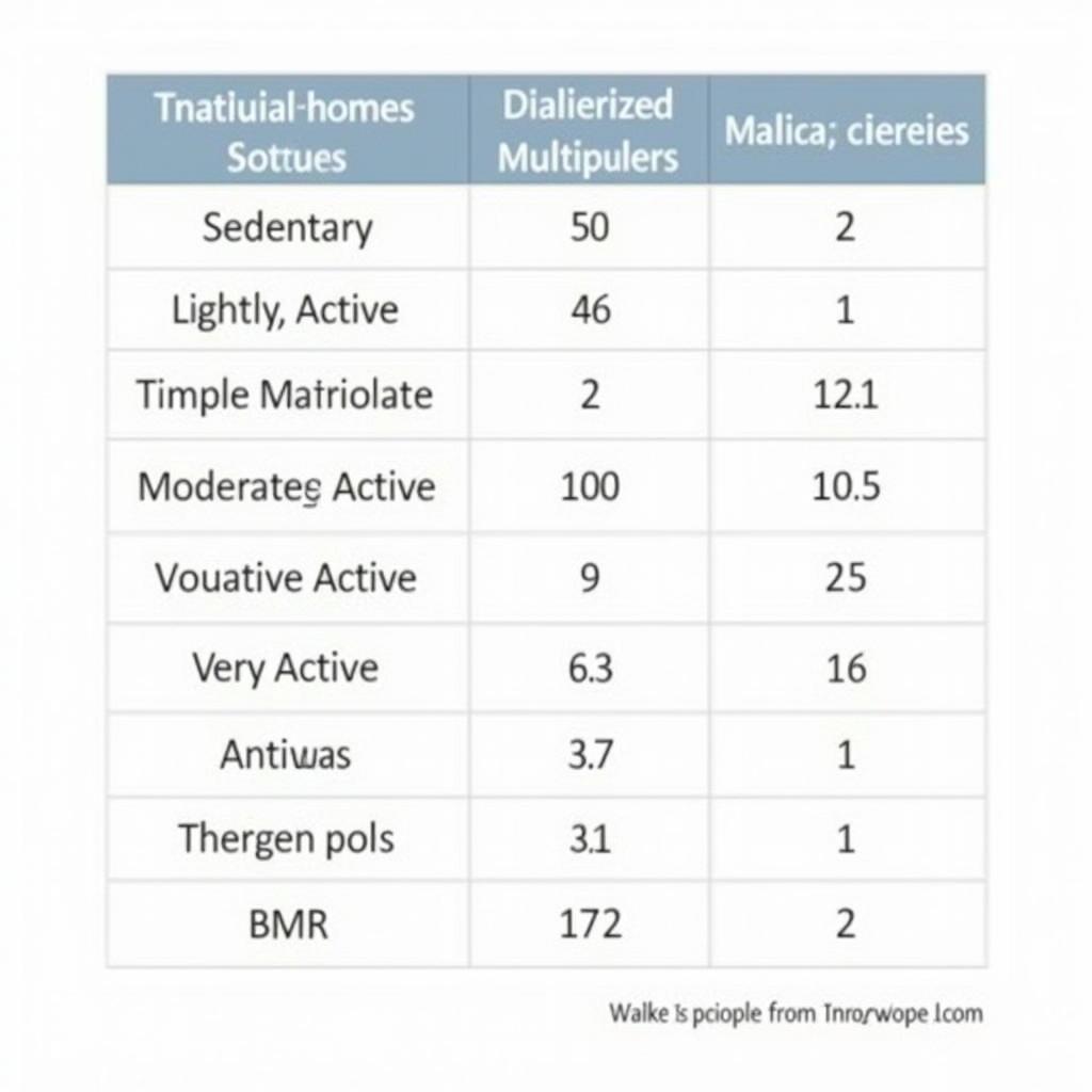 Bảng tính calo theo mức độ hoạt động