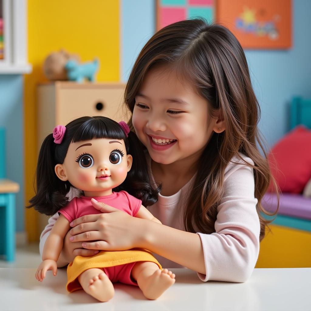 A girl plays with a Down syndrome doll