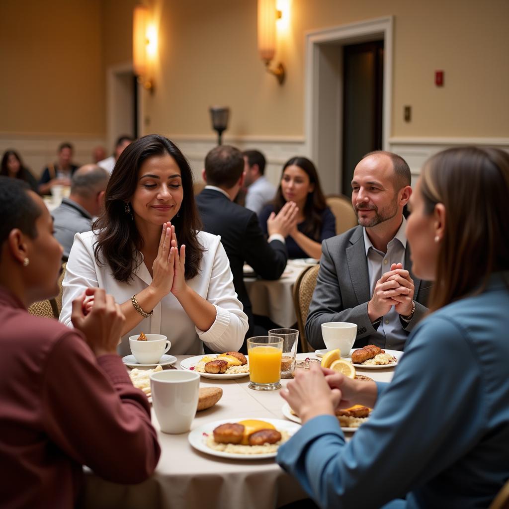 Prayer breakfast with a diverse group of people enjoying fellowship.