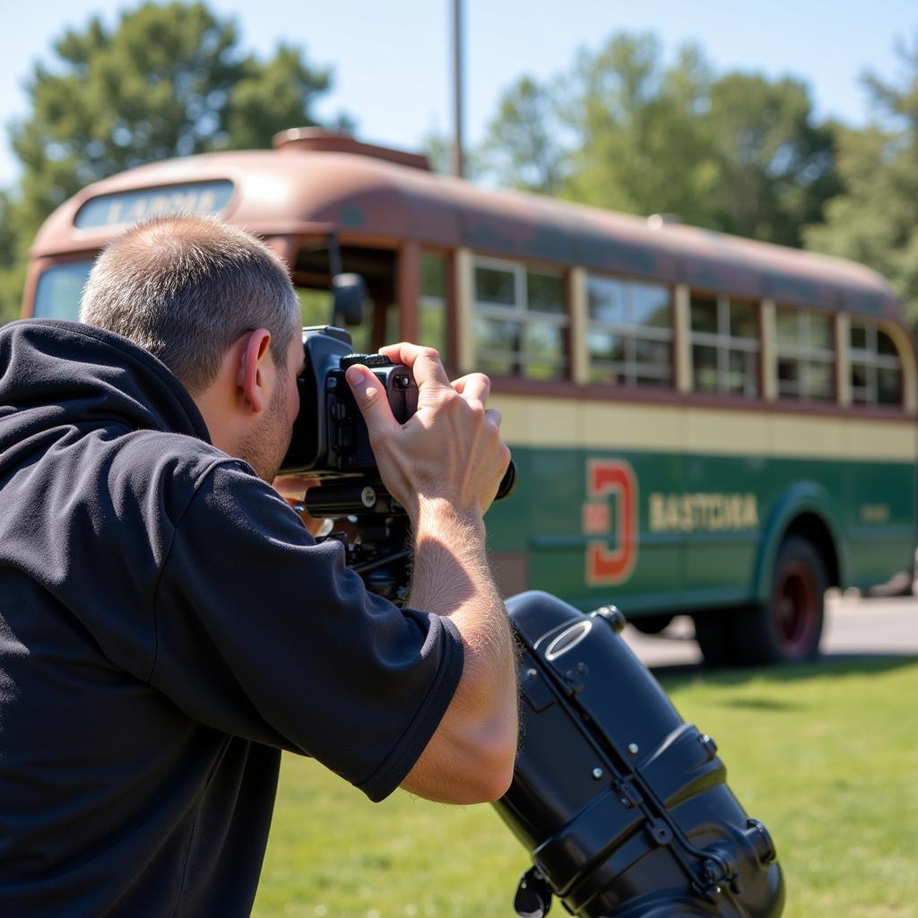 Bus enthusiast photographing a vintage bus