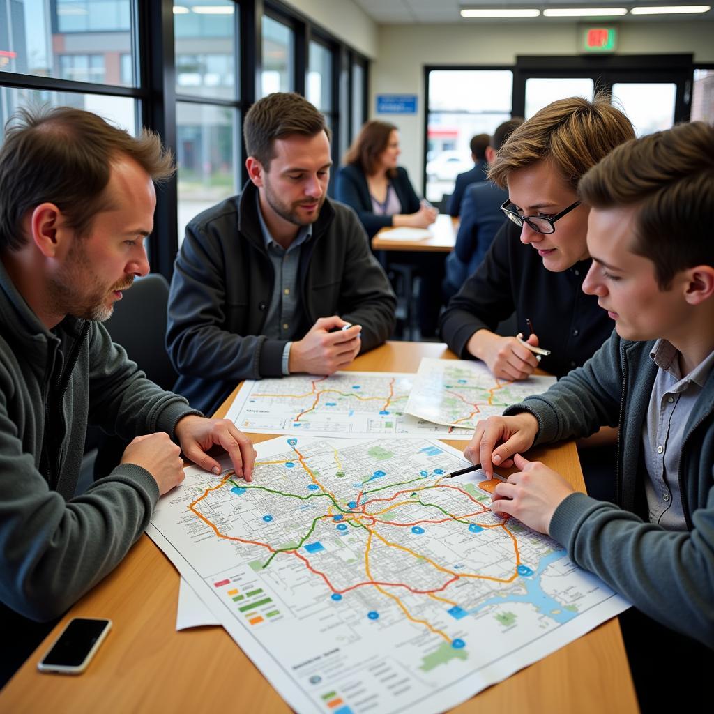 Bus fans discussing bus routes and timetables