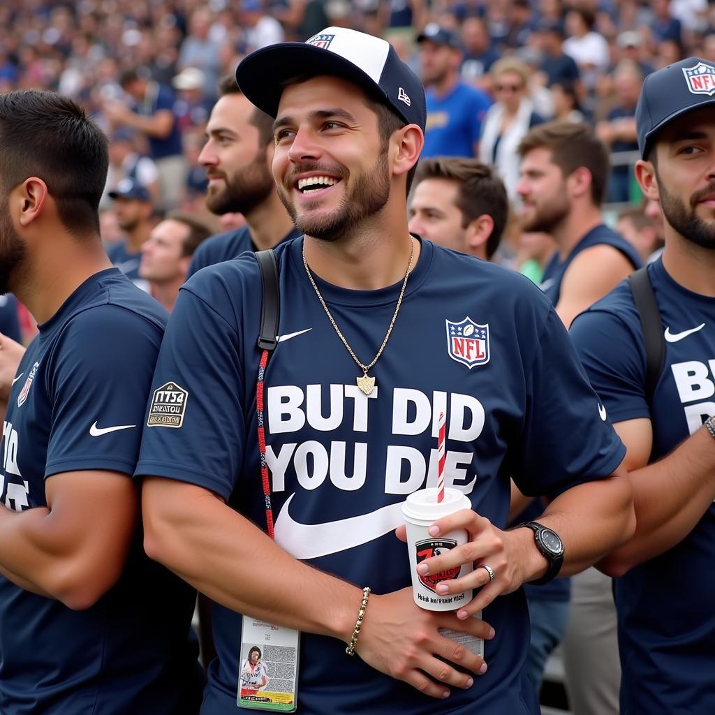 Fan wearing a "But Did You Die" t-shirt at a football game