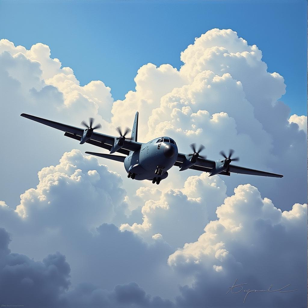 Tranh sơn dầu C-130 Hercules bay trên bầu trời