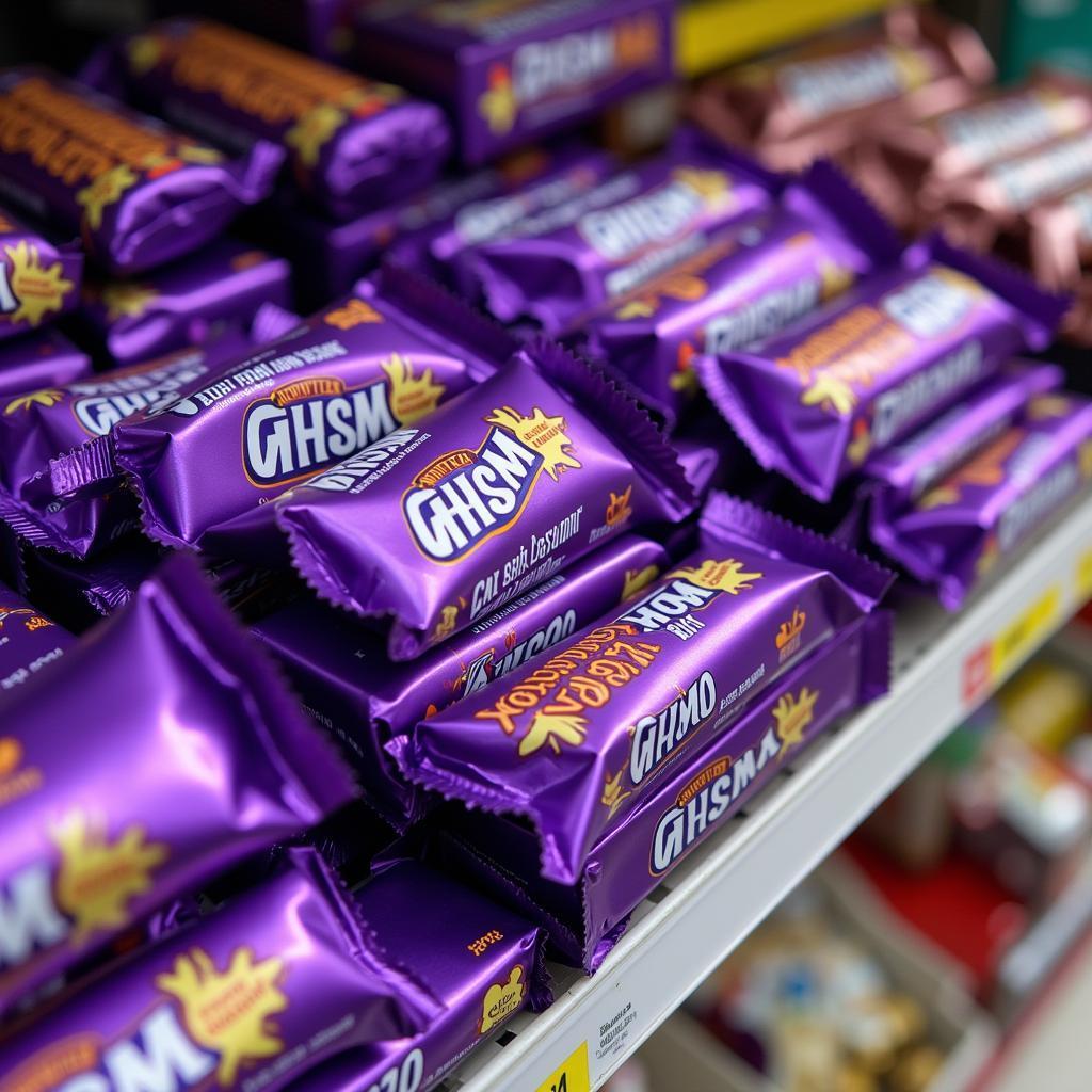 Candy bars with purple wrappers on a store shelf