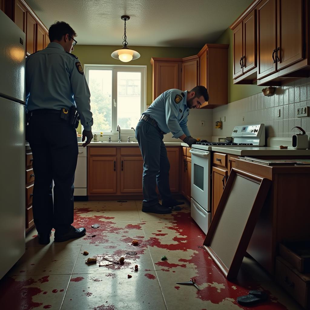 Police examining the scene of a murder in the kitchen