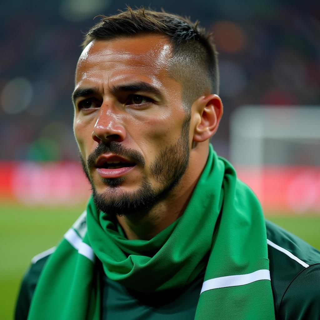 A football player wearing a green keffiyeh after the match