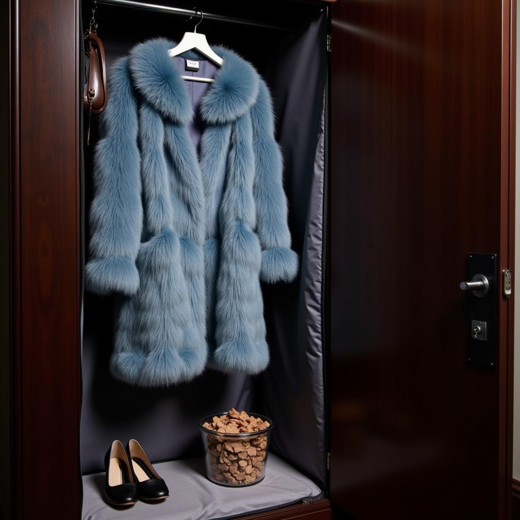 Caring for a blue fox fur coat, proper storage and cleaning.