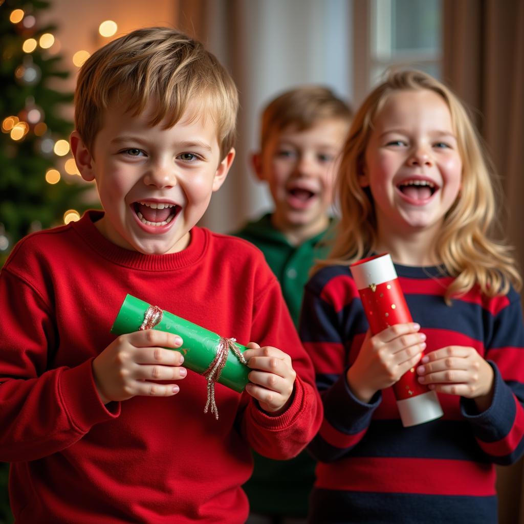 Children playfully pulling Christmas crackers with whistles.